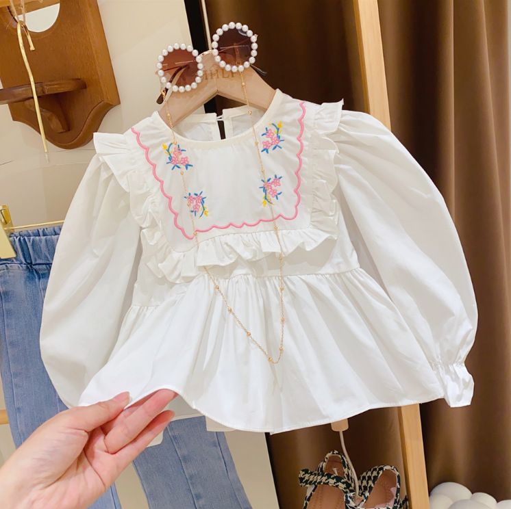 Abbigliamento per bambini Ragazze Colletto in pizzo ricamato Maniche a tromba Maglietta per neonati Jeans con spacchi Set due pezzi_voghion.com