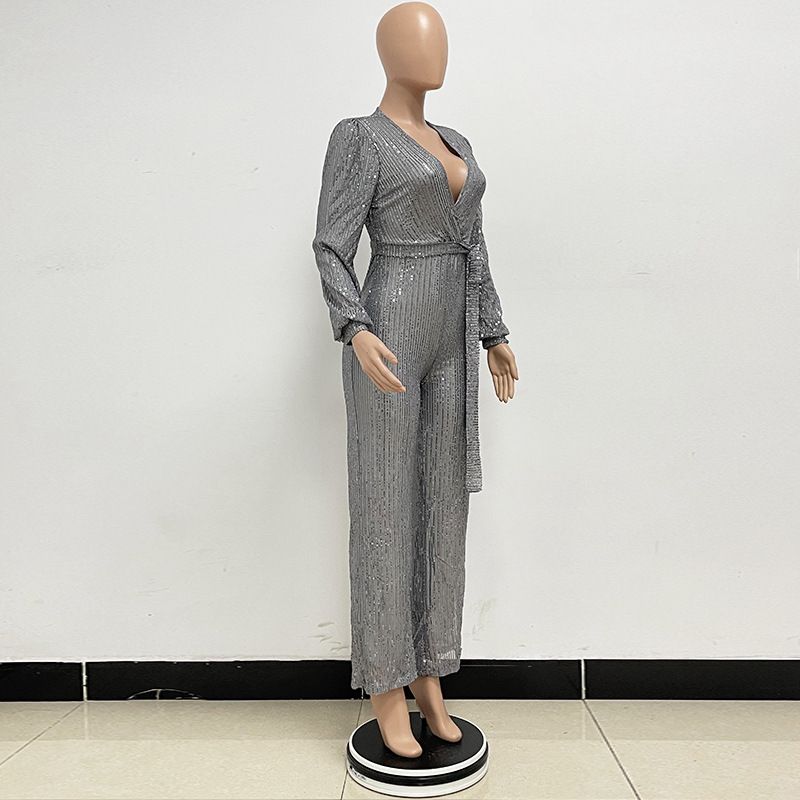 Damkläder Ins Style Deep V Mode Casual Jumpsuit Långärmat Bälte Paljett Jumpsuit Dam_voghion.com