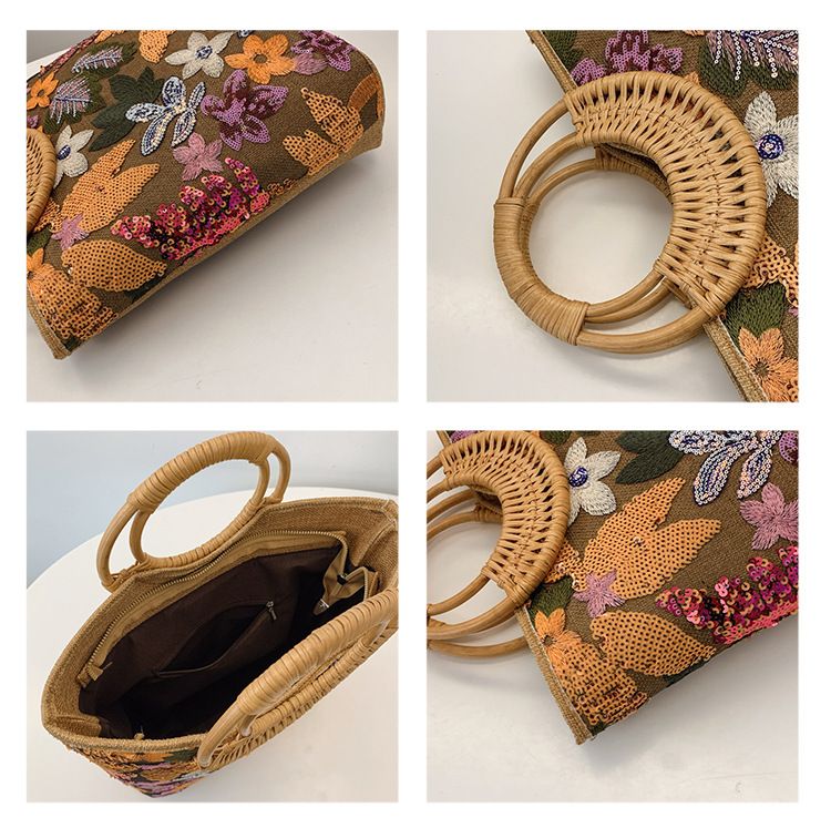 Paillettenbesetzte Einkaufstasche aus Stroh, hochwertige Nischenstickerei, große Kapazität, modische gewebte Handtasche für Damen_voghion.com