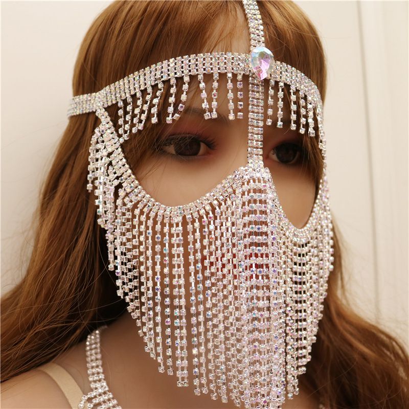 Bauchschleier aus Metall mit Diamantkette, Bühnen- und Nachtclub-Maske für den indischen Tanz, Kopfbedeckung im Western-Stil, Gesichtsbedeckung für Frauen_voghion.com