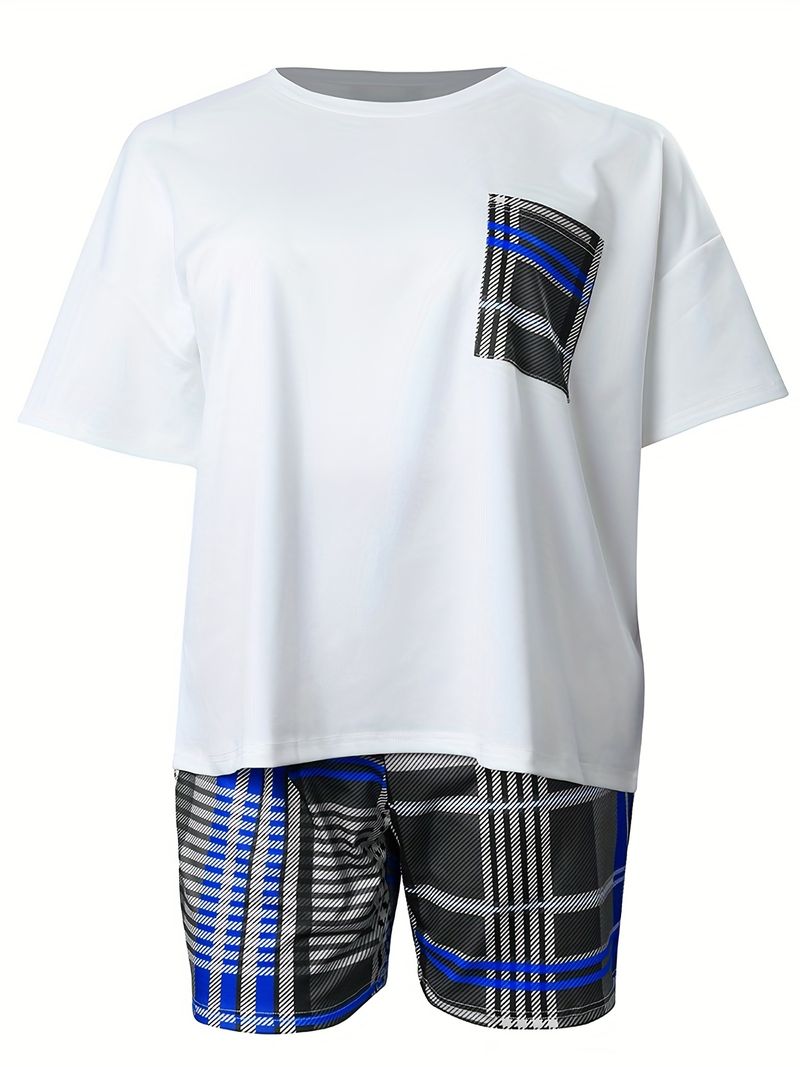 Plus Size Outfits Two Piece Set, Women's Plus Plaid Print Short Sleeve Tee & Shorts Outfits 2 Piece Set_voghion.com