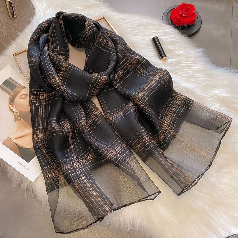 Sciarpa a righe dorate con diamanti per unghie sottili, edizione coreana, versatile, in seta, tinta unita, con aria condizionata_voghion.com