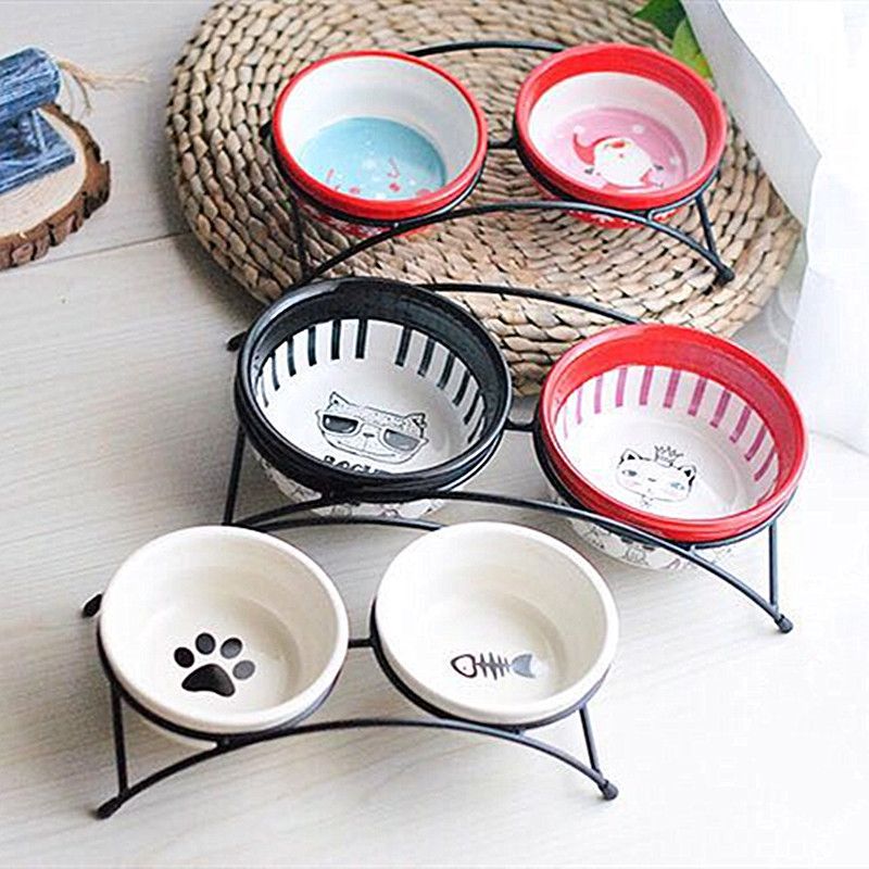 Cuenco doble para perros y gatos con marco de hierro y huella de hueso de cerámica ELITE Eli Pet, universal, antideslizante_voghion.com