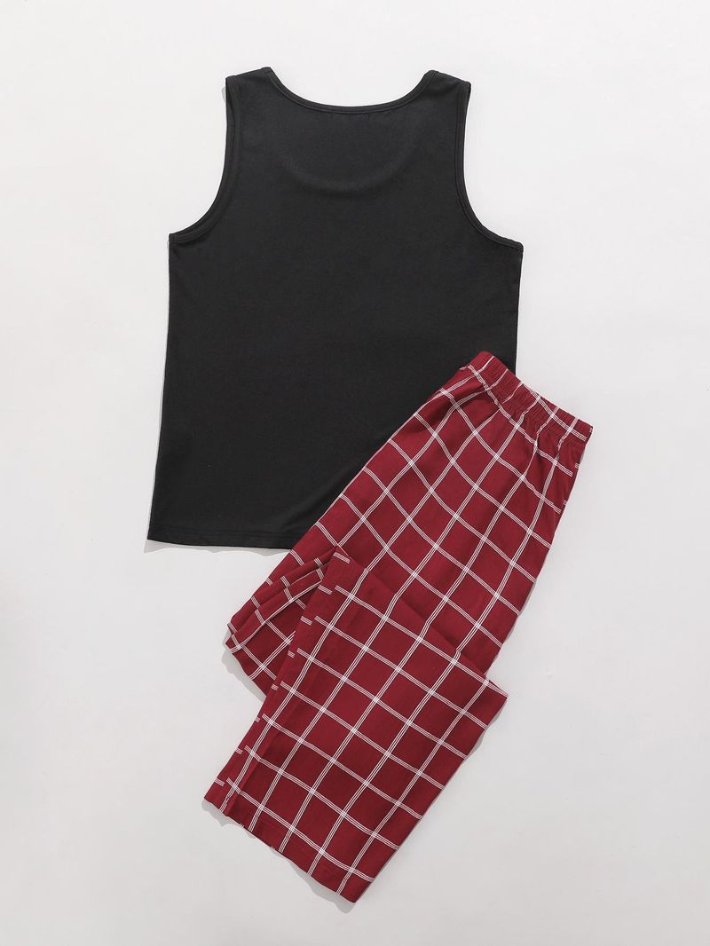 Women's Homewear Spring Printed Sleeveless Vest Plaid Long Pants Two-Piece Pajama Set For Women_voghion.com