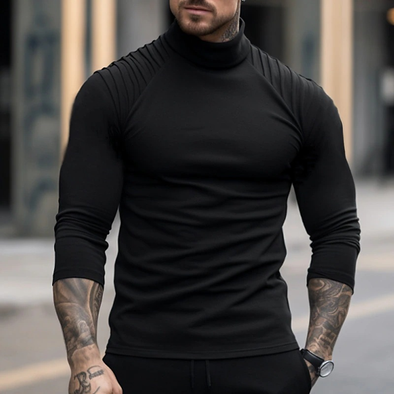 Man's clothing Men's solid color slim-fit high-neck long-sleeved T-shirt personality fashion pleated with rotator sleeves_voghion.com
