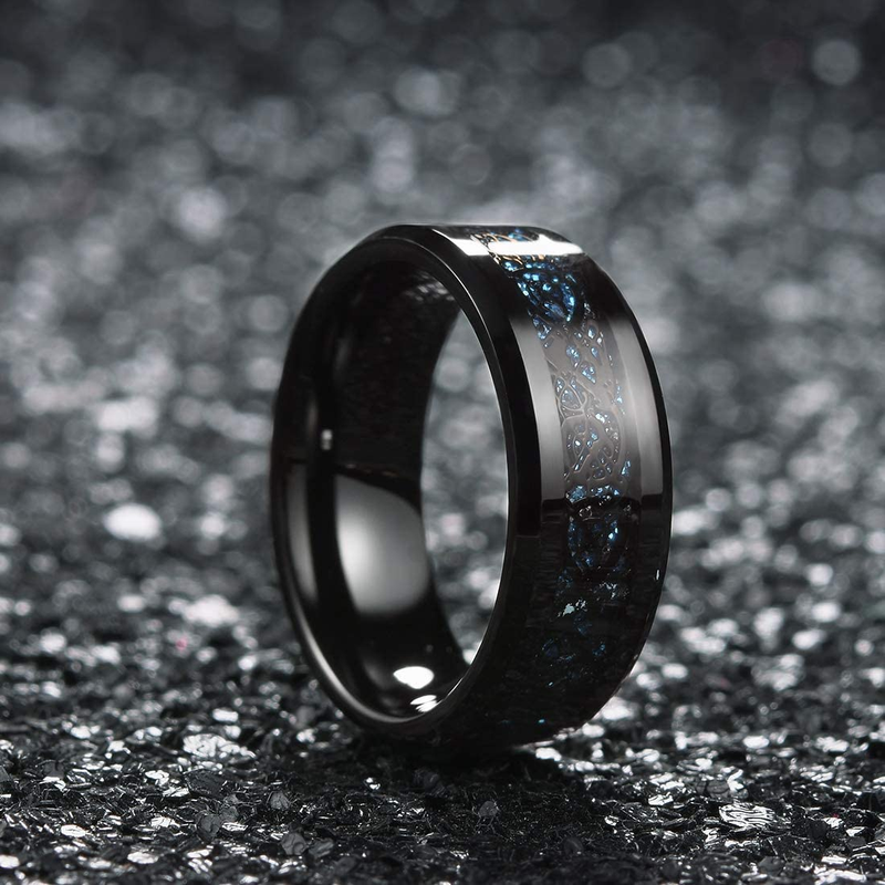 Hot Sales Hot Sales Fashion 8mm Black Tungsten Wedding Celtic Dragon Inlaid Zircon Punk Stainless Steel Blue Carbon Fibre Ring For Men_voghion.com