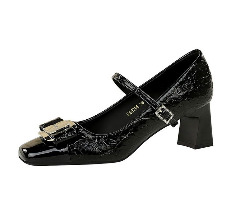5298-K91 Wind Damenschuhe Vielseitiger mittlerer dicker Absatz leichter Mund Farbblock Metallschnalle Schleifenriemen Einzelschuh_voghion.com