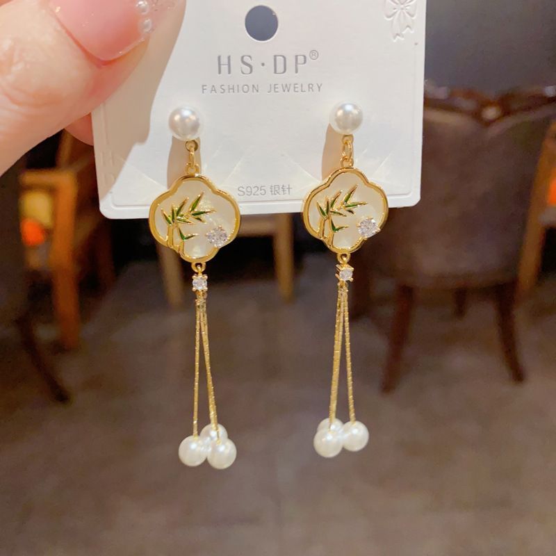 Nuovi orecchini a ventaglio in stile cinese con foglie di bambù - Design nazionale con nappe lunghe e perle | Accessori per le orecchie abbinati al cheongsam per le donne_voghion.com