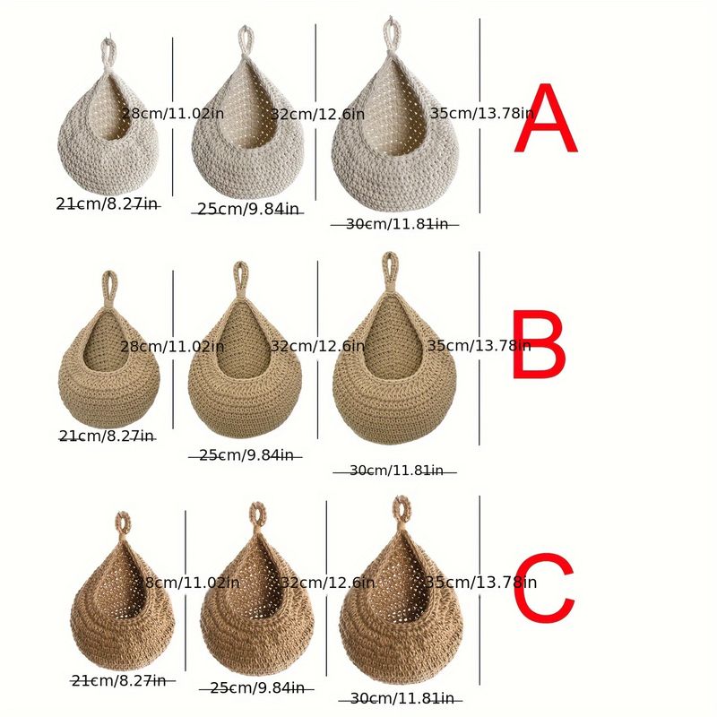 Ensemble de 3 paniers bohèmes chics en corde de coton et lin tissés à la main avec crochets, idéal pour suspendre fruits, légumes et plantes._voghion.com