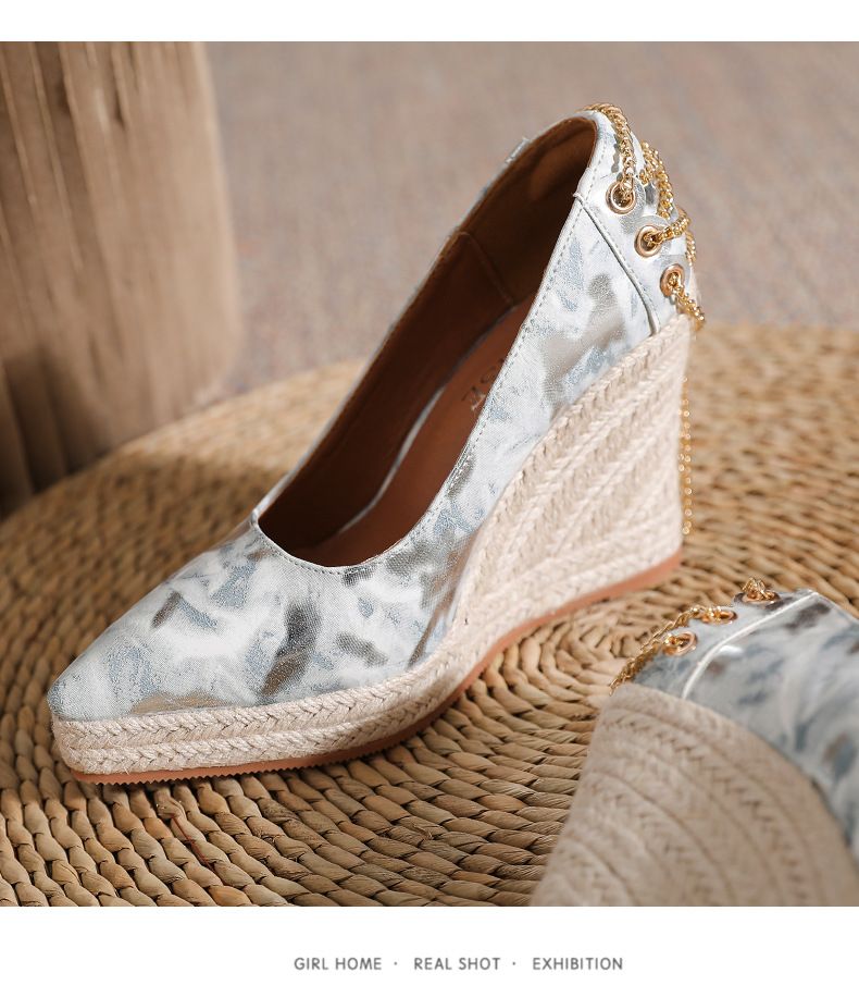 Women’s Shoes Wedge Heel Thick Bottom Pointed Toe Shallow Mouth High Heel Women's Single Shoes Straw Rope Bottom Large Size Shoes Shoes_voghion.com