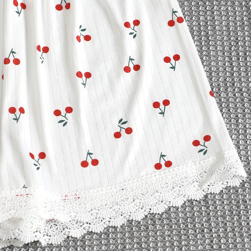 Ensemble 2 pièces pour femme, vêtements de nuit, col en V, bordure en dentelle, imprimé cerises, t-shirt, coupe slim, short à manches courtes, vêtements de détente_voghion.com