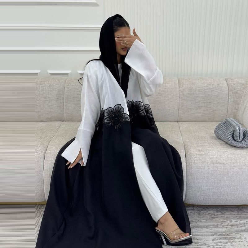 Elegant Open-Front Muslim With 3D Floral Appliqué – Modest Long Dress For Women_voghion.com