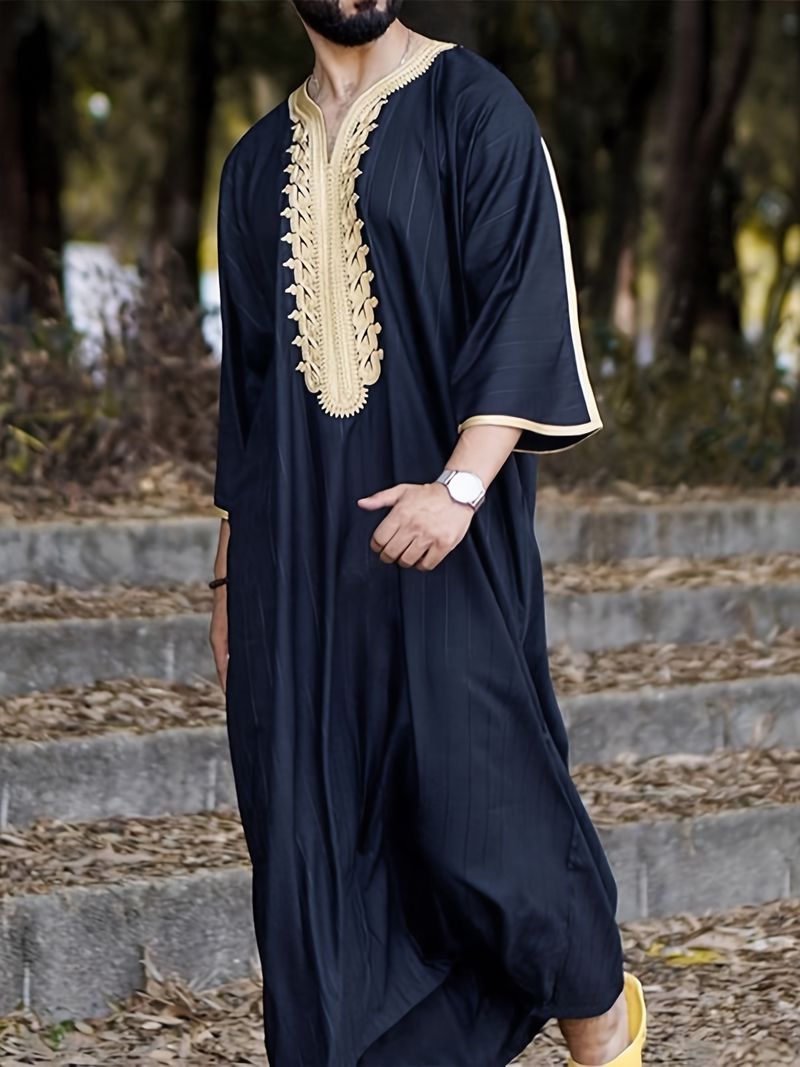 2025 Robe Lose Pullover V-Ausschnitt Kurzarm Bestickte muslimische Herrenbekleidung_voghion.com
