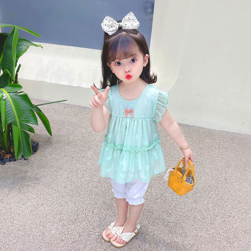 Mädchen-Outfit, stilvoll, Sommer kurzärmliges Mesh-Herz-Zweiteiler-Kinderkleidung, Baby-Mädchen-Set, modisch_voghion.com