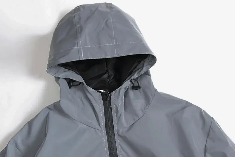 TAGLIA Giacche riflettenti notturne in doppio tessuto Giacca a vento con cappuccio Uomo Hip Hop Ballerino Impermeabile Cerniera Cappotti_voghion.com