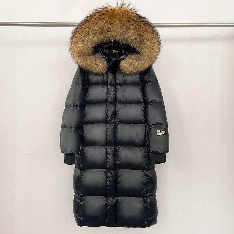Abbigliamento da donna Giacca lunga con cappuccio e finiture in pelliccia di volpe, 90% piumino d'oca, nylon impermeabile, elegante e caldo cappotto invernale_voghion.com