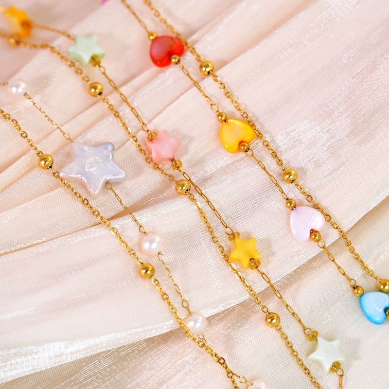 Ins Style Light Trendy Fünfzackiger Stern Herz Natürliche Perle Perlen Doppelschicht Gestapelt Titan Stahl 14K Gold_voghion.com