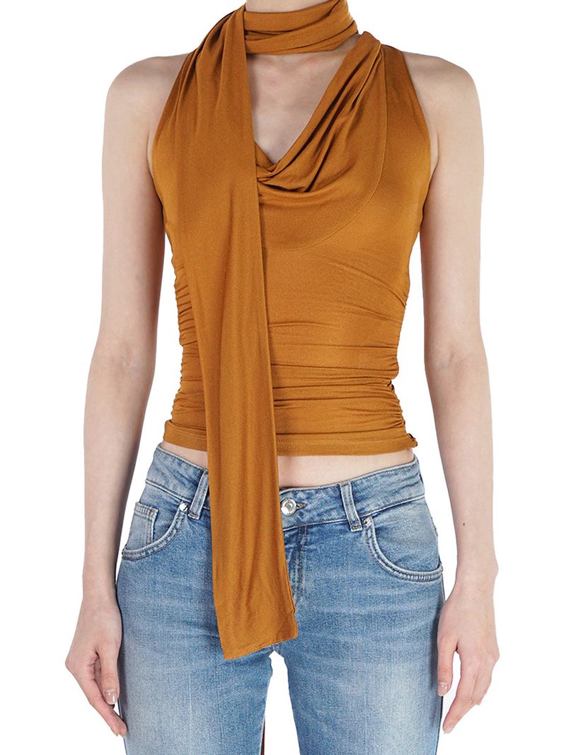 Abbigliamento da donna, top senza maniche con colletto a volant, nuovo temperamento, design con lacci plissettati, vestibilità attillata._voghion.com
