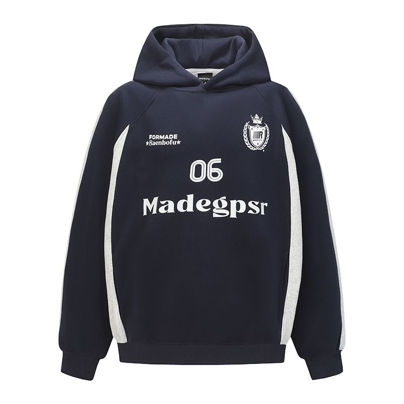 Felpa con cappuccio e stampa di lettere vintage per uomo e donna - Pullover con spalle scese dalla vestibilità comoda e design patchwork_voghion.com