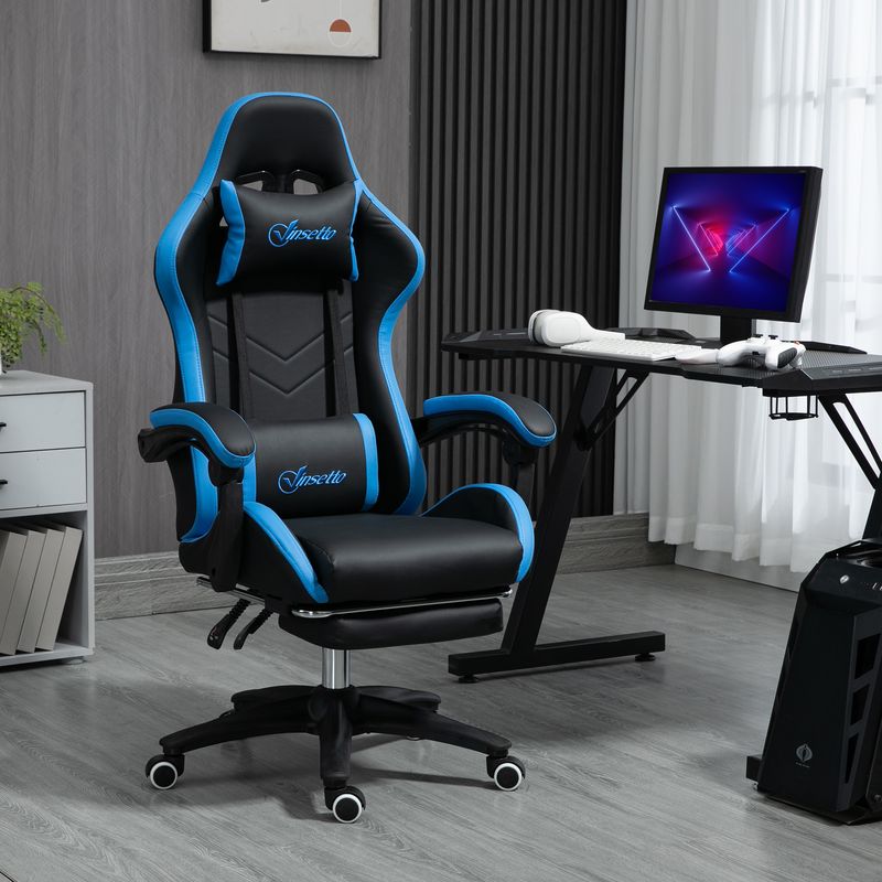 Chaise de jeu Vinsetto avec coussin lombaire et appui-tête, accoudoirs et hauteur réglables, inclinable jusqu'à 120 kg, bleu et noir_voghion.com