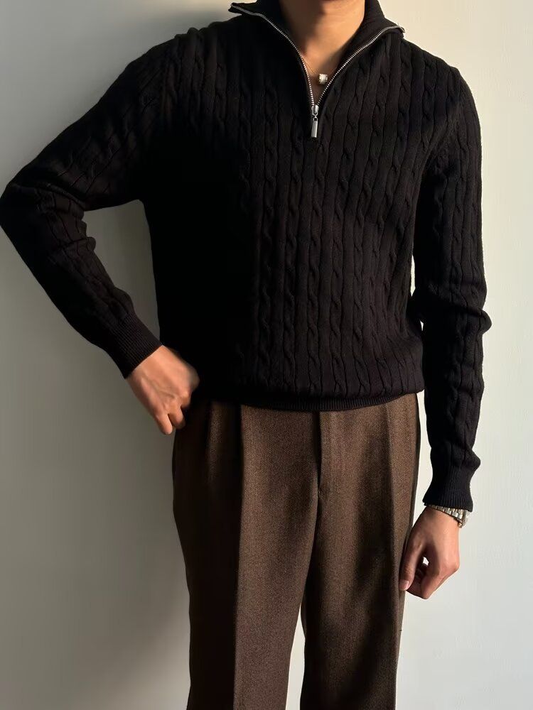 Maglione con mezza zip da uomo autunno 2024 nuova versione coreana di nicchia versatile design a maglia spessa con colletto rovesciato_voghion.com