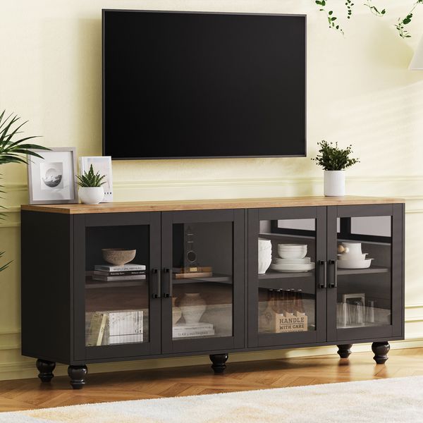 ON-TREND Farmhouse TV Stand With Tempered Glass Doors For TVs Up To 70', Versatile Sideboard With Adjustable Shelves, Elegant Buffet Cabinet With 5_voghion.com