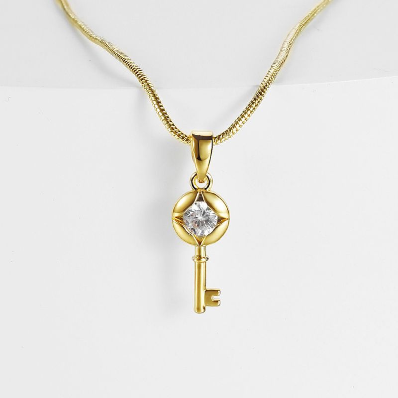 Geometric Key Necklace - Copper Pendant With Micro Inlaid Zircon, Open Design & Color-Preserving Electroplating, Modern Statement Jewelry_voghion.com