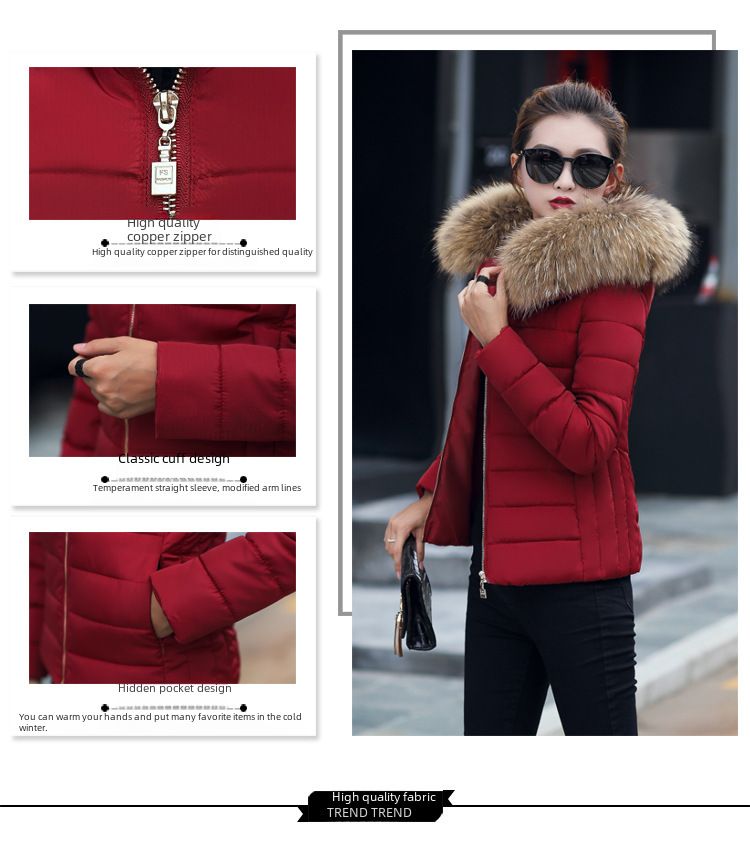 2023 Winter Neue kurze große Wollkragen Baumwolle gepolsterte Kleidung Damen koreanischen Stil Slim-Fit Abnehmen kleine Baumwolle gepolsterte Mantel warme Jacke Baumwolle gepolsterte Jacke_voghion.com