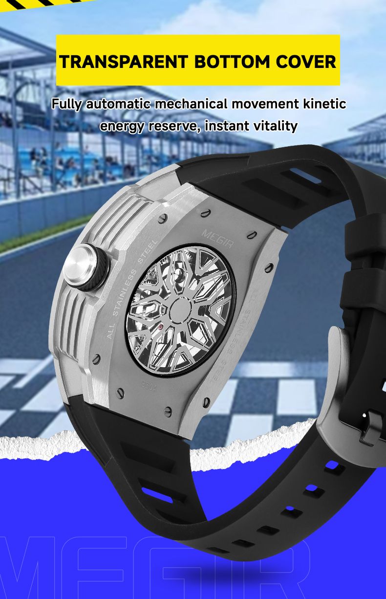 MEGIR Automatic Mechanical Watch For Men Fashion Sport Wristwatch With Stainless Steel Case Silicone Strap Luminous Hands_voghion.com