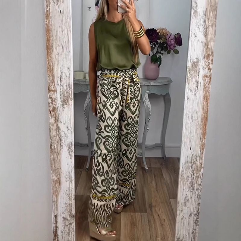 Pantaloni larghi casual da donna con cintura stampata, 2025_voghion.com
