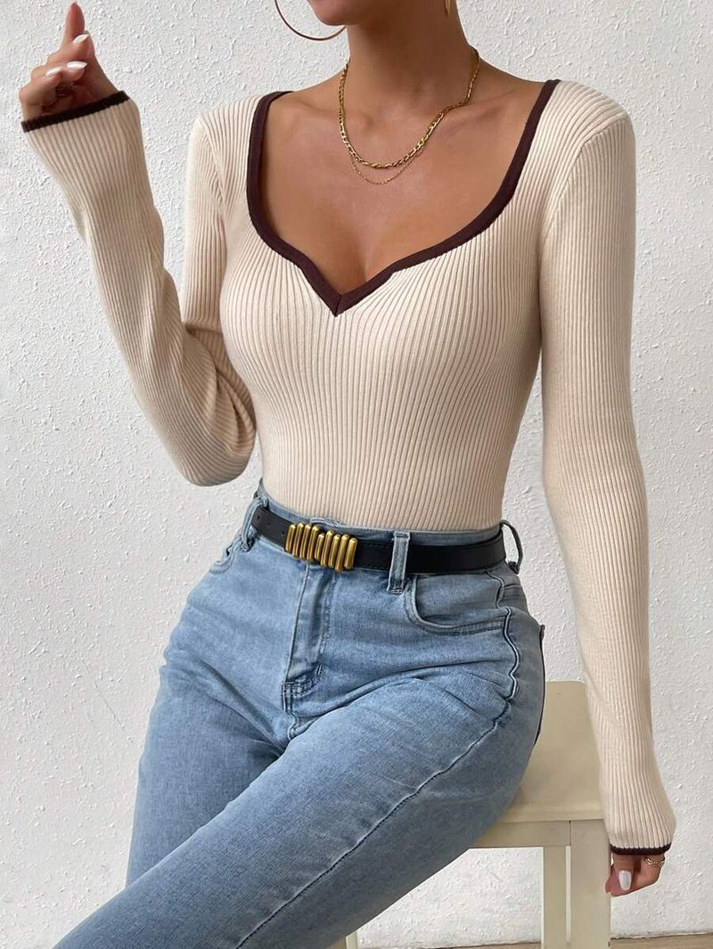 Pull tricoté à col en V pour femme, coupe ajustée, côtelé vertical, mode printemps-automne_voghion.com