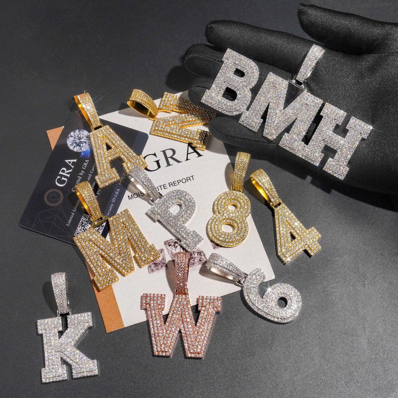 Custom Trendy Brand Silver Moissanite/Copper Zircon Letter Splicing Necklace Hip Hop Pendant_voghion.com