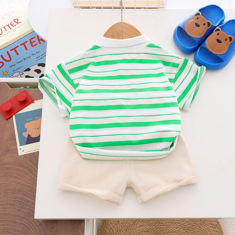 Children's Striped Embroidered Teddy Bear Short Sleeved Set, Trendy 1-4 Year Old New 2024 Summer Boys' Clothing_voghion.com