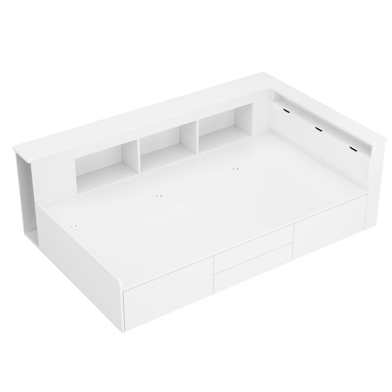 Lit enfant 90 x 200 cm, lit simple multifonction avec tiroirs de rangement, bibliothèque, armoire de rangement et compartiment de rangement sous le siège, blanc, matelas non inclus._voghion.com