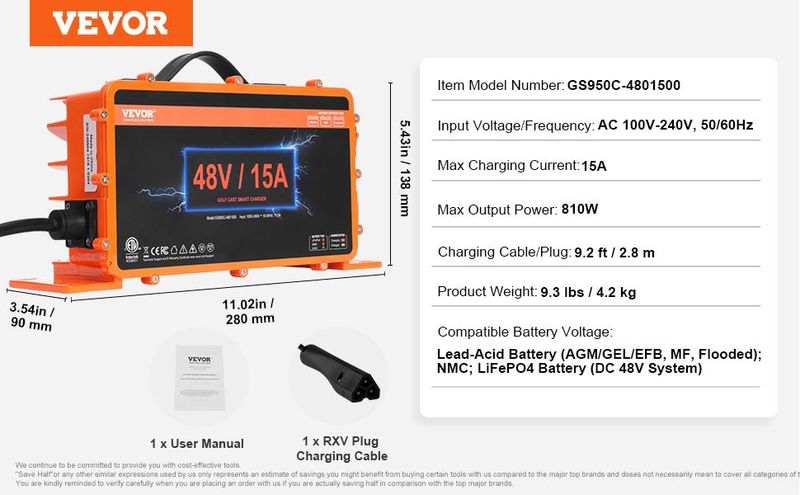 VEVOR 48 Volt Golf Cart Battery Charger, 15 AMP, Smart Battery Charger With RXV Plug, Compatible With Lead-Acid AGM/GEL/EFB MF Flooded NMC LiFePO4 Batteries For EZGO TXT, IP67 Waterproof ETL Certified_voghion.com