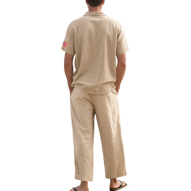 Summer Loose Men's Beach Linen Breathable Casual Large Size Lapel Independence Day Trousers Suit_voghion.com