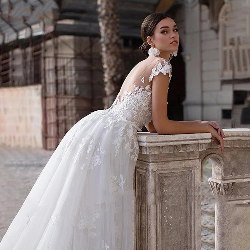 Women's Clothing Trailing Lace Wedding Dress New Style Dreamy Round Neck Slimming Fish White Bride Trailing Wedding Dress Two Wear Event Women_voghion.com