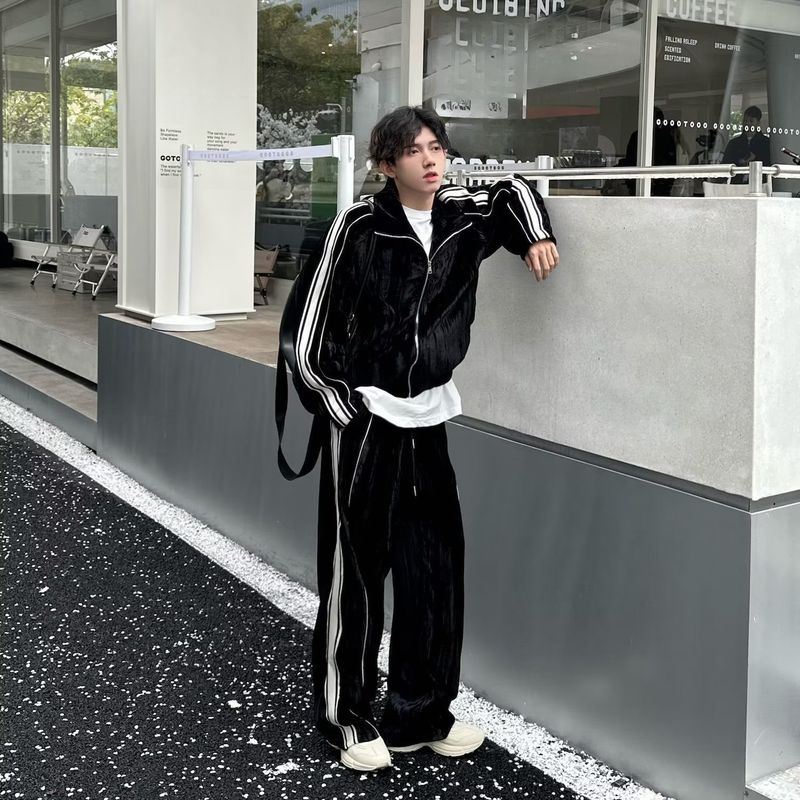 Sports Suit Men's Retro American Heavy Spring And Autumn Sweater Cardigan Jacket Striped Sweatpants Trendy Brand Set Matching_voghion.com