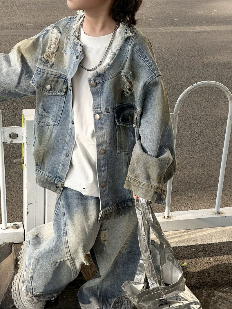Giacca in denim strappato alla moda, stile coreano, per bambini, primavera 2025, modello vecchio stile, lavato, elegante_voghion.com