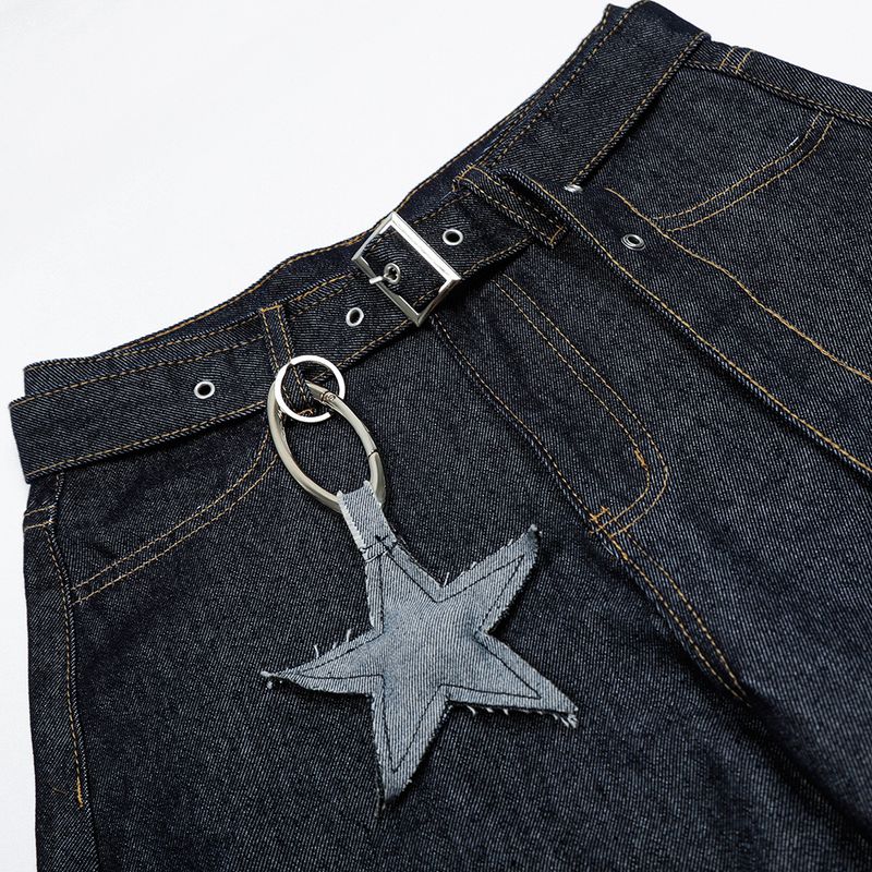 Men's Loose Fit American Street Style Washed Scythe Jeans With Belt And Pentagram Pendant, Wide Leg Pants_voghion.com