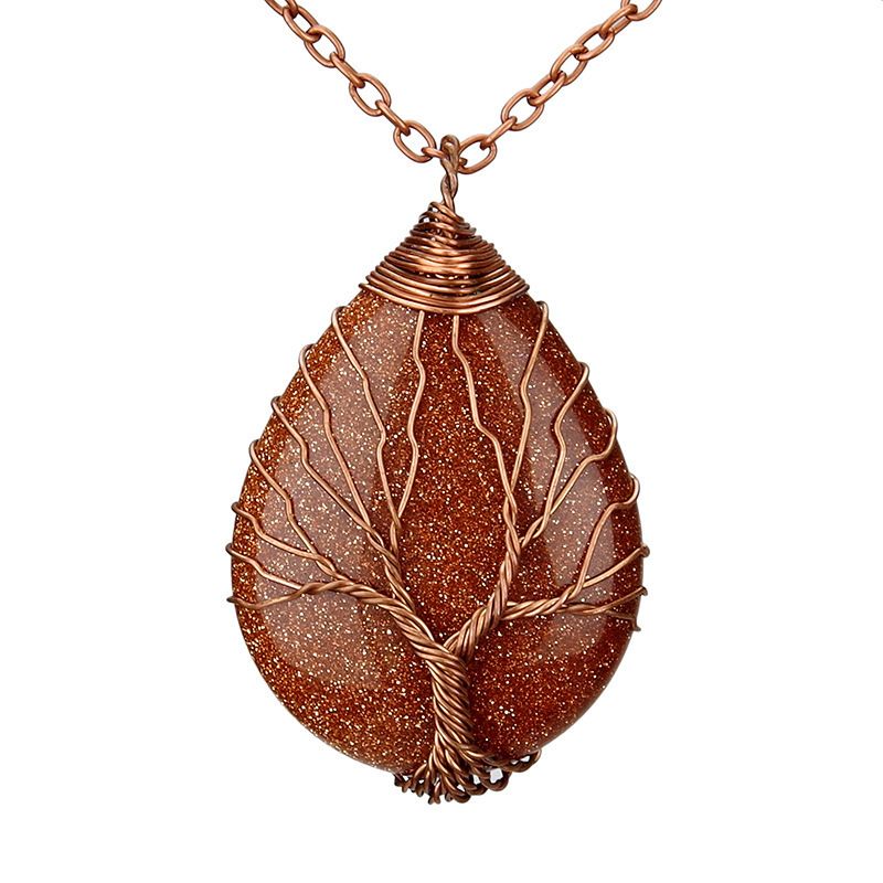 Large Tree Of Life Crystal Pendant Necklace - Hand-Wrapped Silk Cord With Water Drop Raw Stone For Boho & Spiritual Jewelry_voghion.com