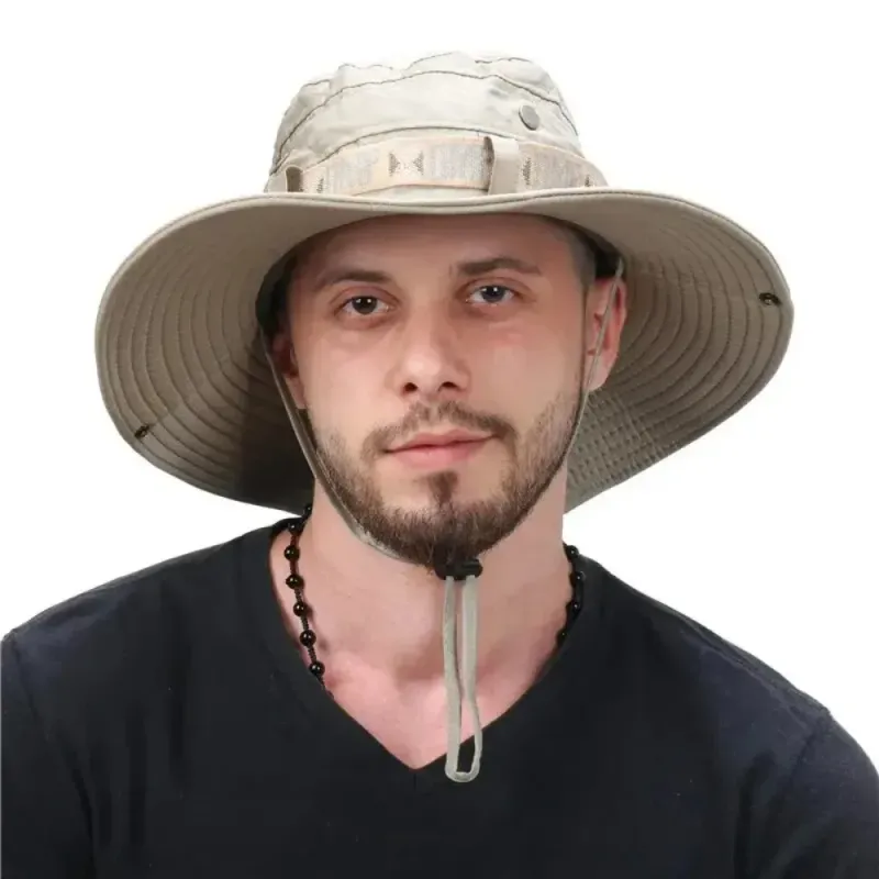 Moud Summer Männer Eemer Outdoor UV Schutz Breet Rand Panama Safari Juegd Wanderen Mesh Fëscher Hut Strand Sonneschutz Cap_voghion.com