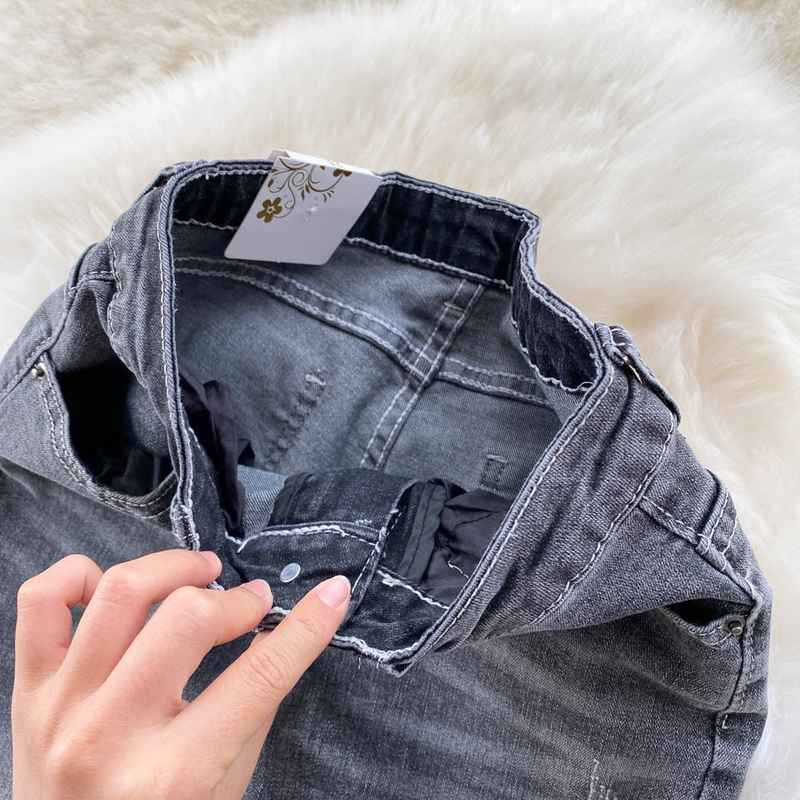 Jeans femininos com costura de borda crua micro-queimada para mulheres com borla elástica fina calça larga_voghion.com