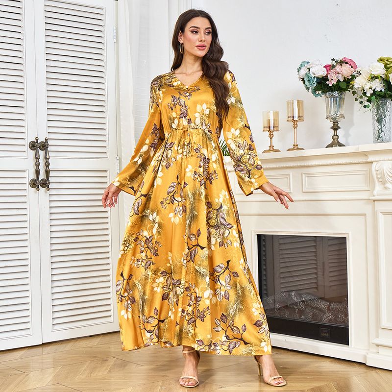 Robe Clothing Factorys nya tryckta gula midjebantande långärmade klänning för kvinnor_voghion.com