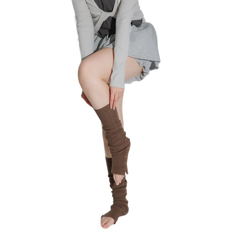 Rodilleras largas de punto elástico de color liso estilo ballet Miu, calentadores de piernas cálidos con botones y aberturas, calcetines holgados y usables_voghion.com