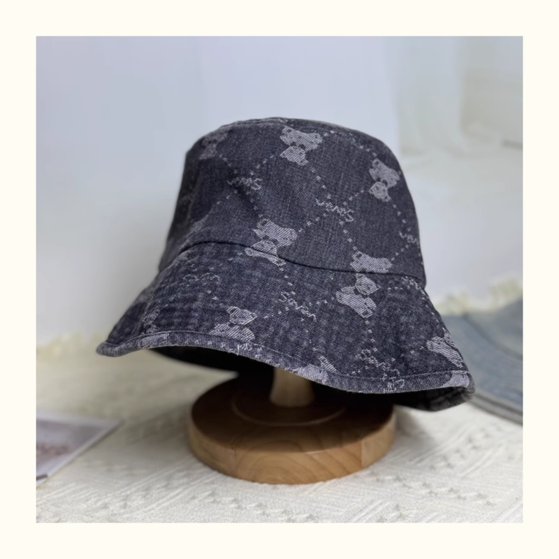 Retro Washed Bear Denim Bucket Hat Women's Sunshade Versatile Outdoor Travel Shows Washbasin Hat Tide_voghion.com