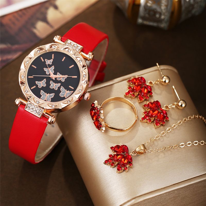 Orologio da donna in pelle Fresh Style e set di gioielli a forma di foglia d'acero - Quadrante rotondo, design minimalista con cinturino regolabile_voghion.com