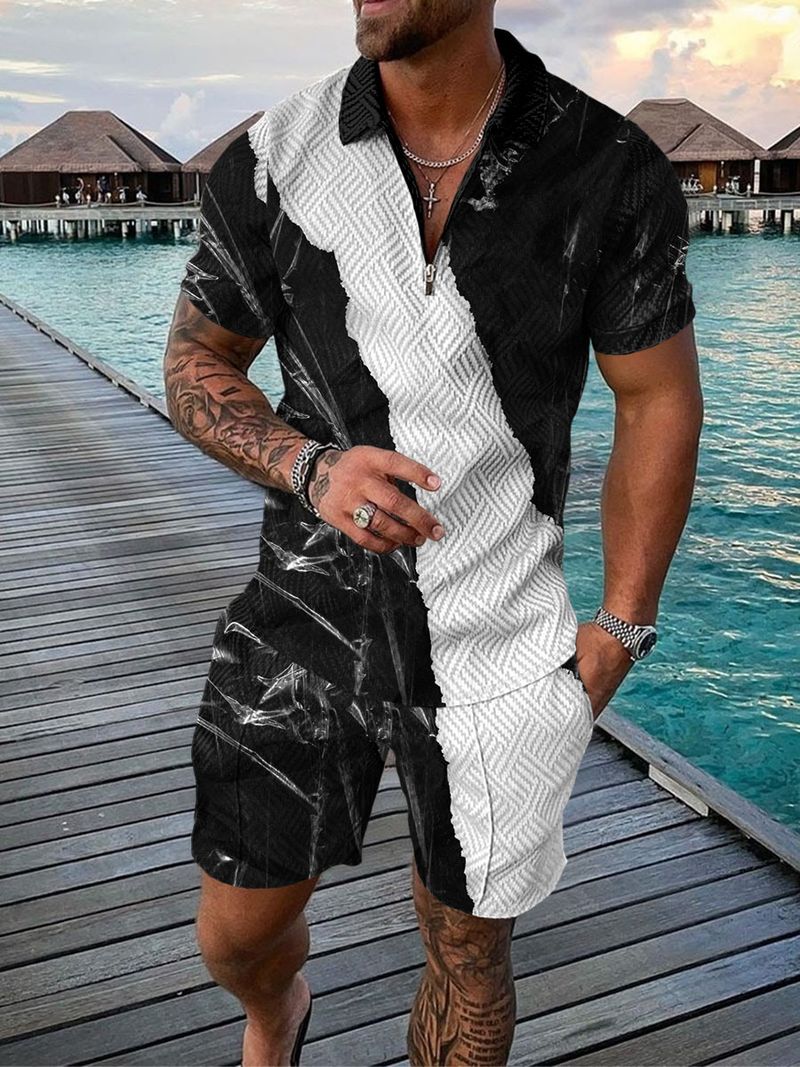 Set da 2 pezzi da uomo, motivo a pois rossi, comoda polo con zip alla moda e pantaloncini con coulisse in vita_voghion.com