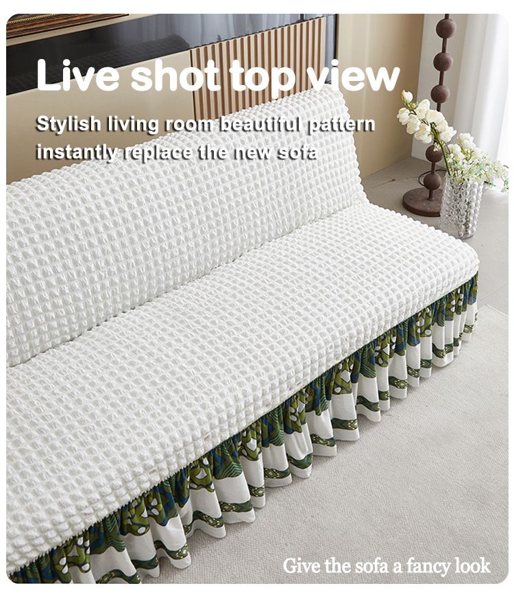 Thickened Bubble Gauze Sofa Bed Cover With Skirted Hem, Full Elastic Slipcover For Armless Couches & Foldable Beds, Anti-Slip Solid Color Protector_voghion.com