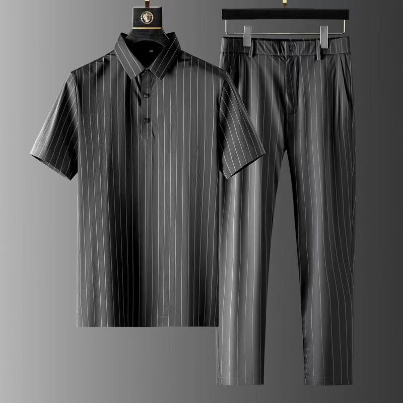 Men's Clothing High End Business Casual Suit Men's Summer Ice Silk Short Sleeved Thin Striped Two Piece Suit Men_voghion.com